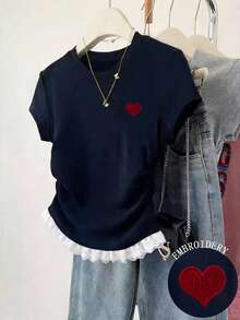 INAWLY New Lace Trim Short Sleeve Casual Fitted Waist Top For Women - Navy Blue - View 1