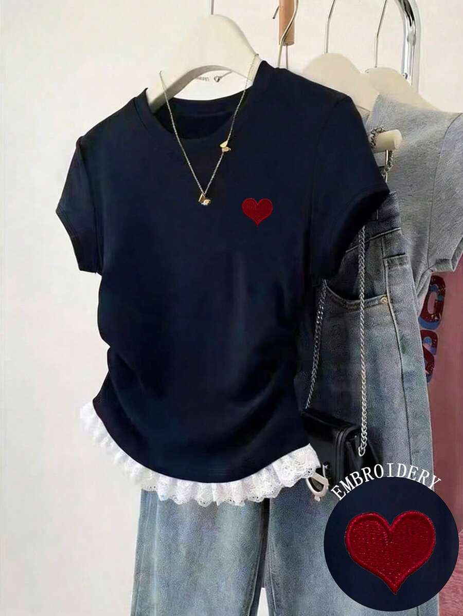 INAWLY New Lace Trim Short Sleeve Casual Fitted Waist Top For Women - Navy Blue - View 1