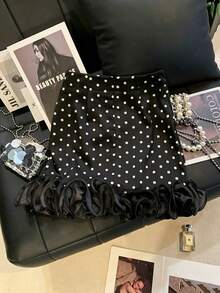 SHEIN Franclia Women's High-End Design 3D Ruffle Lace Black Polka Dot Skirt, Autumn New High-Waist A-Line Premium Party 70s - Black - View 2