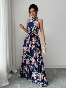 Elenzga 無袖掛脖收腰A字印花多色優雅浪漫女款洋裝 - 彩色 - 查看 3