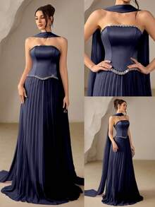 Coutiva Elegant Party Rhinestone Decorated Pleated Strapless Evening Gown - Navy Blue - View 2