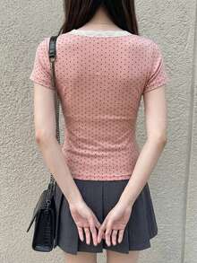 Dazy Tall 女款高個子長袖圓點蕾絲拼接休閒T恤，適合高個子女孩 - 彩色 - 查看 3