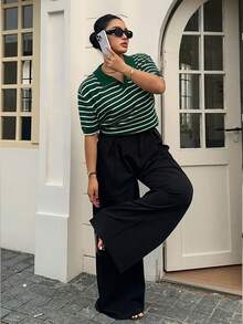 Dazy Plus Top de punto de manga corta con cuello polo, patchwork de bloques de color, divertido y casual, talla grande para mujer, primavera/verano - Verde Oscuro - Ver 4