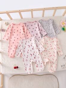 [Random 5 Sets, 2 Sets Sent] Newborn 0-12 Months Home Jumpsuit, Forest Style Ditsy Floral With Chain Craft Contrast Color, Fresh Style, Long Sleeve Footed, Open Crotch Snap Design, Easy To Put On And Take Off, Home Leisure, Daily Outings, Spring And Summer, All Seasons - Multicolor - View 2