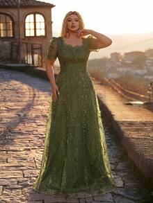 Glamrae Plus Size Elegant Romantic Champagne Square Neck Short Sleeve Sheer Rhinestone & Pearl Embellished A-Line Evening Gown For Wedding Party Celebration Formal Occasion Event (Intricate Design) - Army Green - View 7