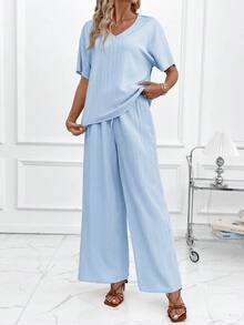 SHEIN Clasi 女款優雅簡約休閒V領上衣寬腿褲葉子印花兩件套度假淺藍色夏季 - 淺藍色 - 查看 3