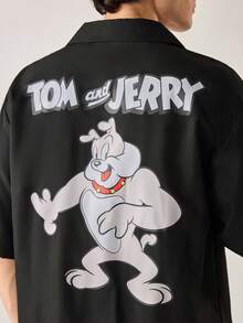 Strevion TOM & JERRY 男士休闲简约快乐尖刺图案印花短袖衬衫 - 黑色 - 查看 3