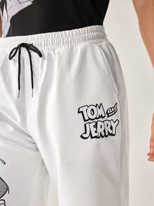 Strevion TOM & JERRY 男士宽松版汤姆和杰瑞图案字母印花休闲运动短裤，夏季款 - 白色 - 查看 5