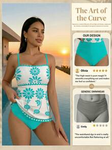 Swim Lushoire 2pcs Women's High Elasticity Green White Floral Print Bikini Set,Bandeau Top&Solid Triangle Bottom,Boho Summer Holiday Pool Party Elegant Swimwear - Multicolor - View 6