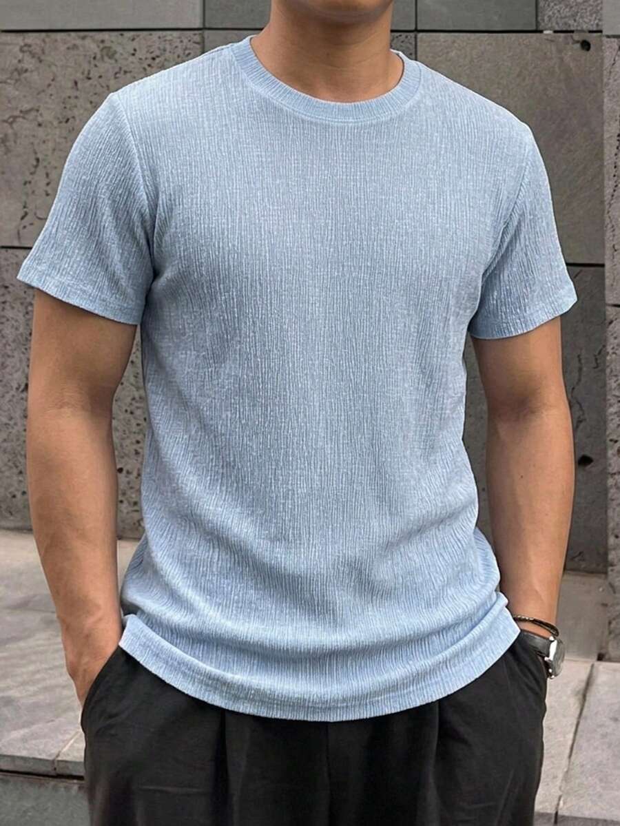 DAZY 夏季短袖藍色羅紋彈性面料男士T恤 - 藍色 - 查看 1
