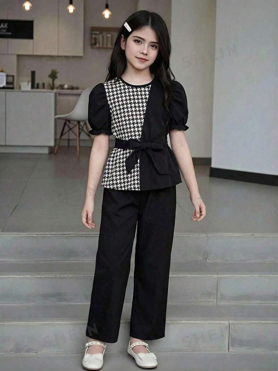 Elladie kids 两件套女童休闲套装,包括圆领格纹印花衬衫(含腰带)和直筒裤,百搭时尚,适合夏季穿着。 - 黑色 - 查看 1