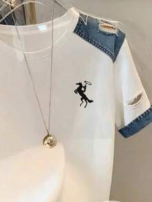 Resyla Authentic Embroidered, Fashionable Denim Effect Round Neck Women T-Shirt, Suitable For Daily And Formal Occasions - Navy Blue - View 4