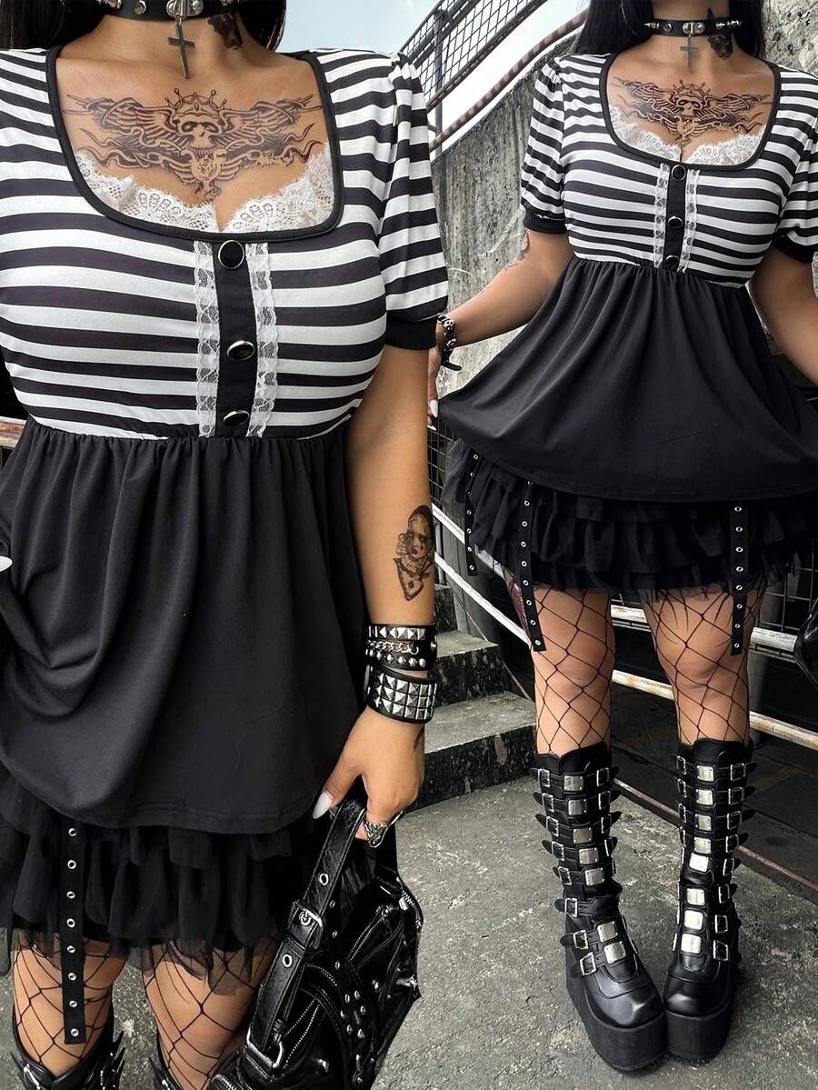 Whyspr Plus Size Striped Diamond Square Neck Patchwork Contrast Color Lace Trim A-Line Short Sleeve T-Shirt Party Black And White Summer 90s - Black and White - View 1