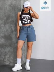SHEIN Tall Celana Pendek Denim Wanita Kasual Gaya Y2K dengan Saku dan Kancing, Ukuran Wanita Tinggi - Biru - View 6