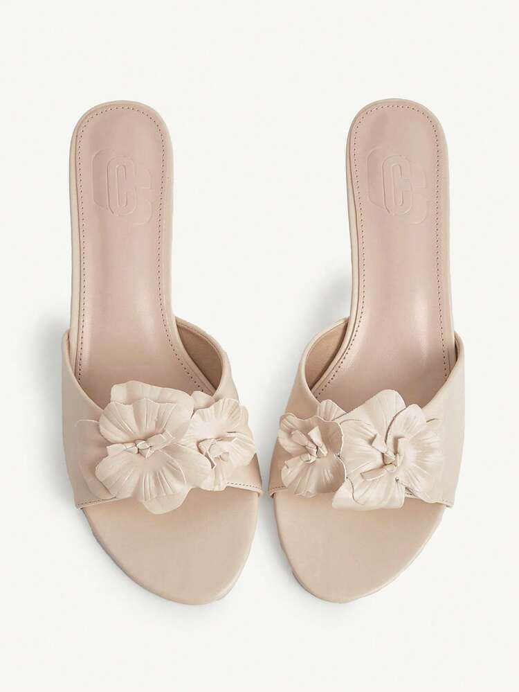 CUCCOO CHICEST Women Shoes Women's High Heel Sandals Spring And Summer New Flower Decoration Round Toe Thin Heel Backless Elegant Solid Color Fashion Daily Commuter Dating Vacation Shoes