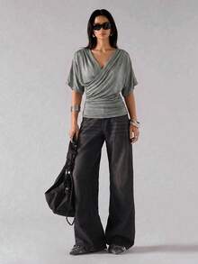 LYSMO Women's Elegant Khaki Draped Neck Ruffle T-Shirt, Summer Top - Khaki - View 3