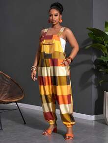 Slaydiva Wedding Guest Boho, Commute, Brunch, Airport, Party Holiday Yellow Plaid Print Pattern Women Hollow Square Contrast Color Casual Jumpsuit, Plus Size - Multicolor - View 6