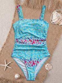 Swim Lushoire 女款寬肩帶優雅顯瘦百褶漸層式連身泳衣海灘套裝 - 彩色 - 查看 3