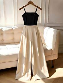 Elenzga Women's Casual Elegant Contrast Color Spaghetti Strap Wide Leg Jumpsuit With Belt, Suitable For Office, Party, Vacation And Special Occasions, Casual And Formal Summer Outfit, Perfect For Office, Business Casual, Evening Party And Formal Occasions, Summer Exquisite Outfit, Suitable For Office, Party, Vacation And Special Occasions - Multicolor - View 2