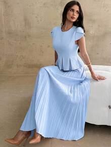 Firerie Women's Summer Elegant Solid Color Pleated Waist-Cinched Top And Pleated Skirt 2 Pieces Set Office Light Blue - Blue - View 6