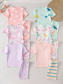 SHEIN 【2件套】女童独角兽卡通印花短袖短裤针织紧身睡衣家居服，随机发货 - 彩色 - 查看 2