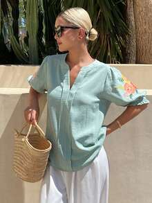 Livesso Women's V-Neck Solid Color Floral Embroidered Cuff Pleated Blouse - Green - View 1