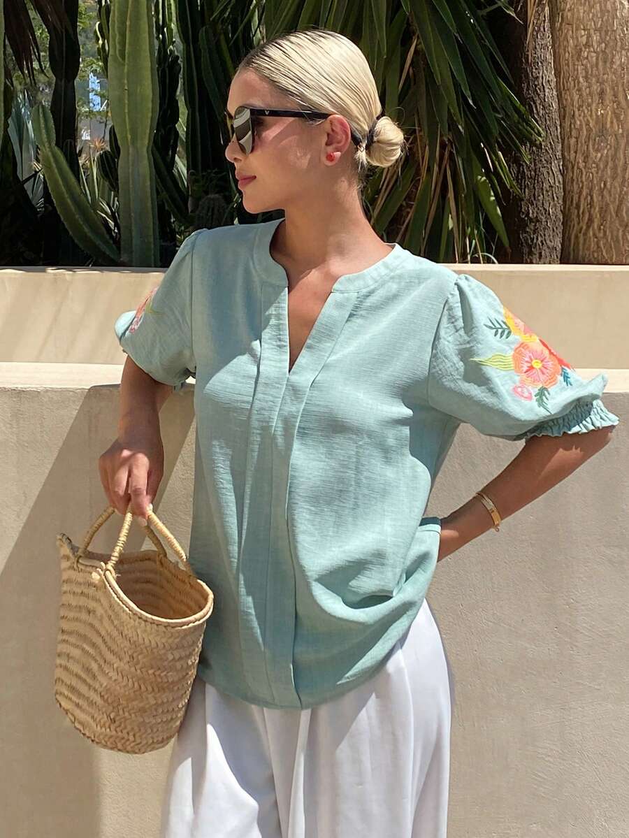 Livesso Women's V-Neck Solid Color Floral Embroidered Cuff Pleated Blouse - Green - View 1