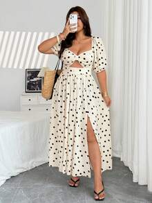 Vionelle Plus Size Vintage Polka Dot Puff Sleeve Hollow Out Split Dress - Apricot - View 1