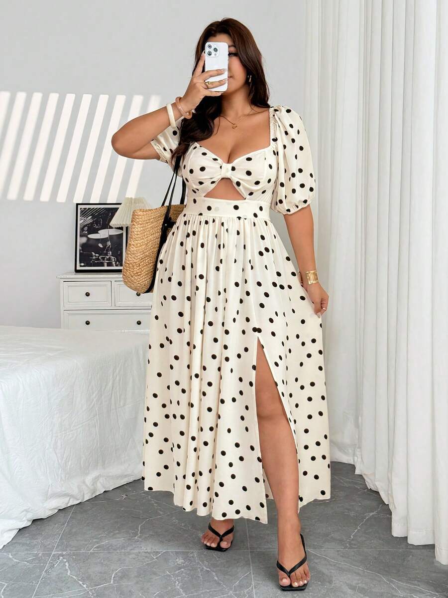 Vionelle Plus Size Vintage Polka Dot Puff Sleeve Hollow Out Split Dress - Apricot - View 1