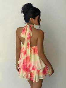 Elegant Women's Mini Dress With Halter Neck And Bow In Light Yellow - Cherry Red - View 2