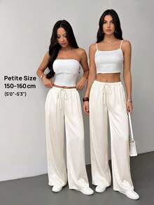 SHEIN PETITE 女款低腰休閒復古緞面百搭棕色美拉德色長裙 - 米色 - 查看 7