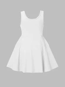 SHEIN Young Girl Knit Solid Color Round Neck Fitted Casual Sleeveless Dress Sportswear - White - View 3