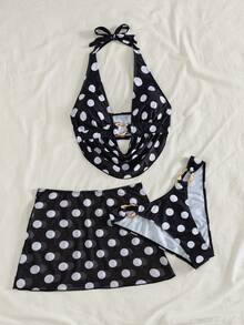 Bonvoyette Bộ bikini nữ họa tiết chấm bi cổ bèo trang trí kim loại kèm chân váy ôm body cover-up, 3 món, đồ bơi thanh lịch phong cách casual cho kỳ nghỉ hè đi biển - Đen và trắng - Xem 9