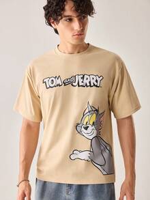 Strevion TOM & JERRY 男士休闲百搭汤姆和杰瑞元素印花短袖T恤 - 杏色 - 查看 5