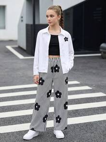 SHEIN 3件組青少年女孩時尚黑白休閒套裝，花卉印花翻領長袖開襟襯衫、純黑修身內搭短版上衣、條紋寬鬆大寬褲，柔軟面料，簡約優雅百搭，適合日常、上學、野餐、派對、室內外活動，春夏季秋季青少年與大青少年女孩休閒時尚套裝 - 白色 - 查看 6