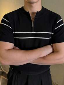 DAZY Short Sleeve Round Neck Half-Button Striped Contrast Design Men's Knit Top - Black - View 5