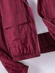 SHEIN Tween Girls Minimalist Solid Color Zipper Hooded Long Sleeve Jacket - Burgundy - View 3