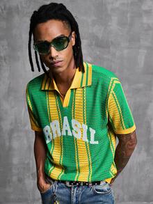 Manfinity Denimwave Men's Contrast Color Striped Letter Print Hollow Out Football Knit Top - Green - View 4