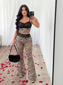SHEIN SXY 女款斑馬紋蕾絲拼接吊帶上衣與長褲套裝 - 彩色 - 查看 5