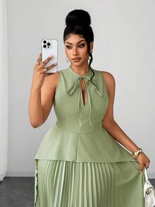Maweii Plus Size Women's Round Neck Elegant Hollow Out Ruffle Hem Asymmetrical Pleated Full Skirt Sleeveless Tie Two Pieces Set - Green - View 6