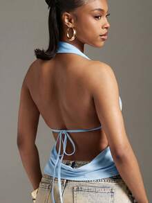 Denimoi Summer Deep V-Neck Outdoor Beach Vacation Backless Halter Sexy Top - Blue - View 2