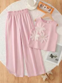 SHEIN Tween Girls Striped Tank Top And Loose Long Pants 2 Pieces Set, Casual Daily Fashion Versatile - Pink - View 3