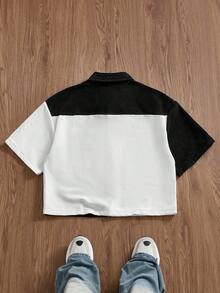 NORVETH Camisa de moda para hombre de primavera/verano con parche de letras, color de contraste, manga corta, abotonadura sencilla y bolsillo - Blanco y Negro - Ver 4
