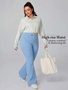 Flexra Plus Size Women Elastic Waist Casual Flare Leg Jeans - Baby Blue - View 5