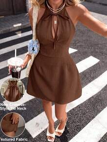 Pariaura Women's Summer Halter Neck Tie-Up Stand Collar Waist-Cinched Sleeveless Short Dress, Elegant Slimming Outfit For Dates, Gatherings, Mature Parties And Daily Streetwear - Brown - View 7