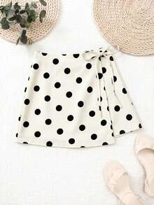 Franclia Damen Mode Rock mit Polka Dot Design, Schleife vorne, vielseitig für Pendeln, Alltag, einfach, locker, lässig, Büro - Weiss - Übersicht 3