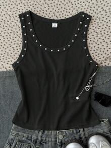 SHEIN Teen Girls Tank Tops & Camis Summer New Black Ribbed Stud Decor U-Neck Slim Fit Vest - Black - View 3