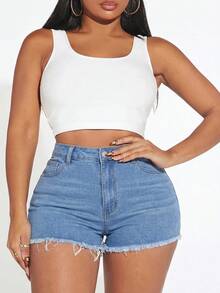 SHEIN SXY Celana Pendek Denim Pinggang Tinggi Ukuran Plus Wanita - Medium Wash - View 1