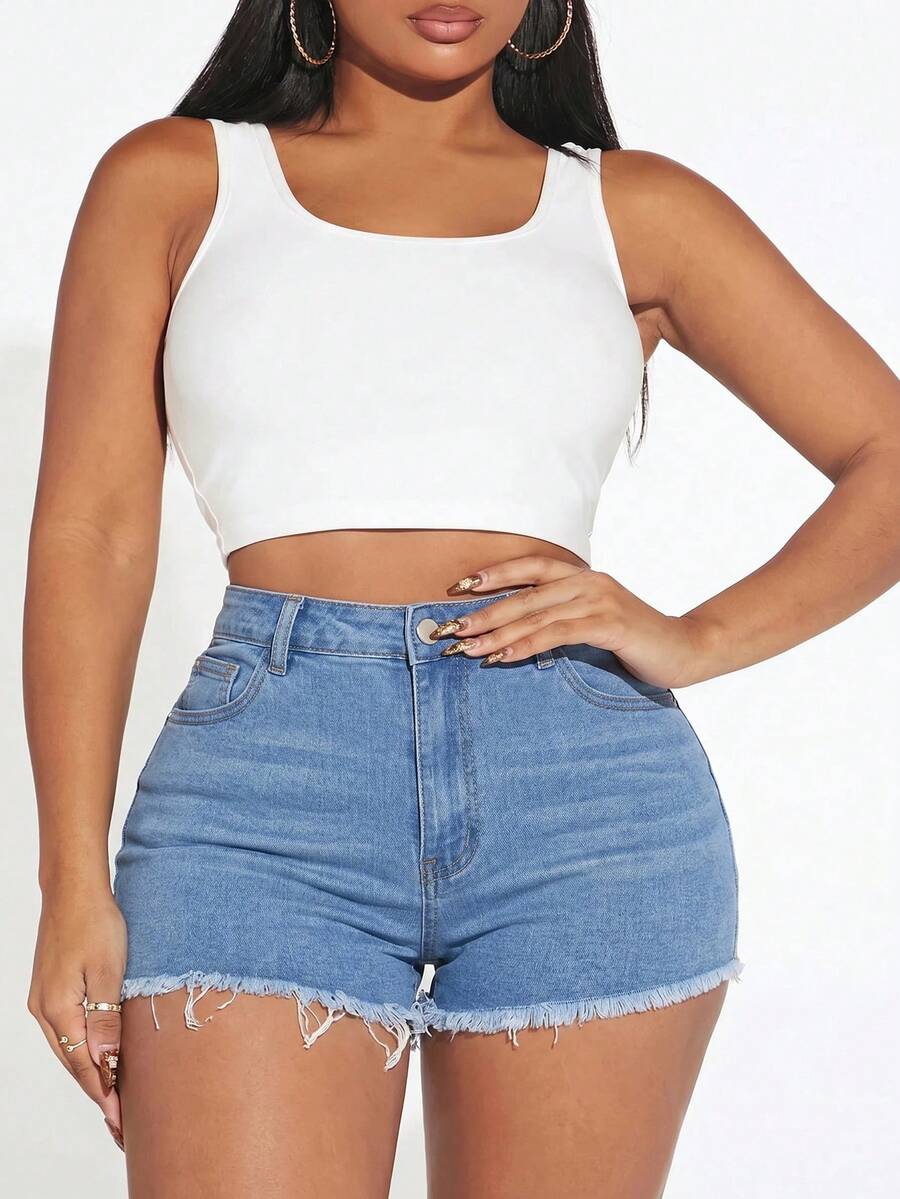 SHEIN SXY Celana Pendek Denim Pinggang Tinggi Ukuran Plus Wanita - Medium Wash - View 1