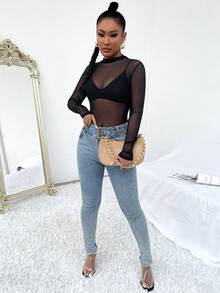 SHEIN SXY Mesh Top mit Stehkragen & BH - Schwarz - Übersicht 6